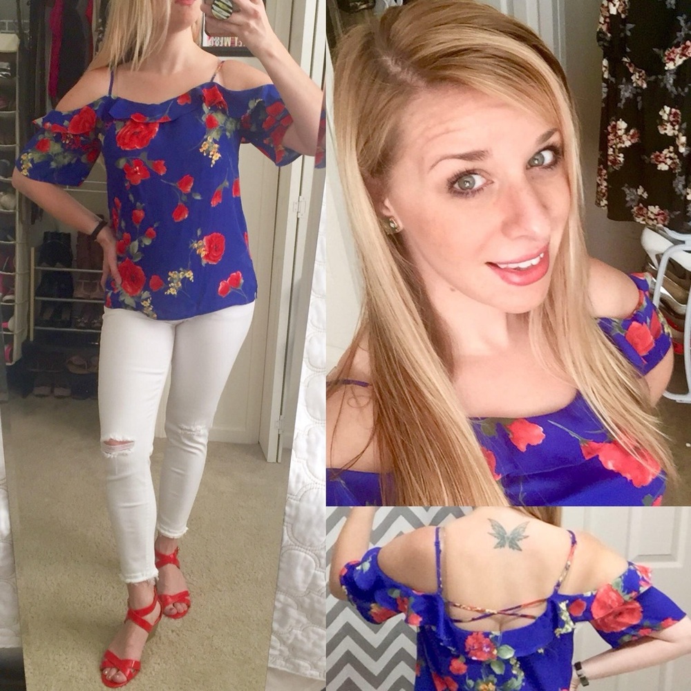 Skies Are Blue Ruffled Cold Shoulder Blouse in Red and Blue
